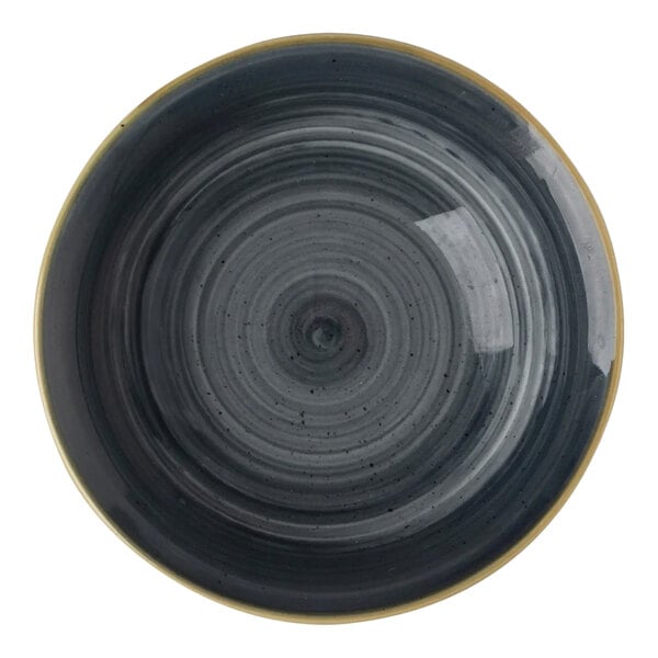 A round, slate gray porcelain ramekin with a concentric circle design.