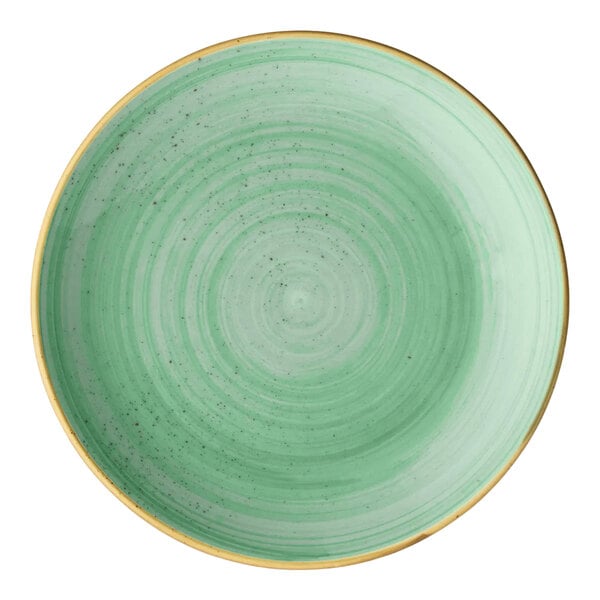 A round mint green porcelain coupe plate with a subtle speckled pattern and a light brown rim.