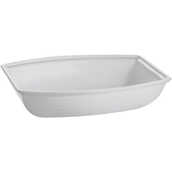 A natural aluminum rectangular bowl with a curved edge.