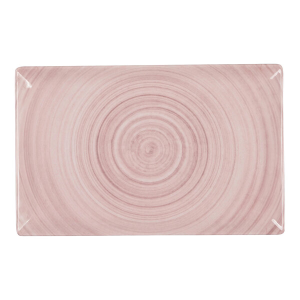 A rectangular pink melamine tray with a circular swirl pattern.