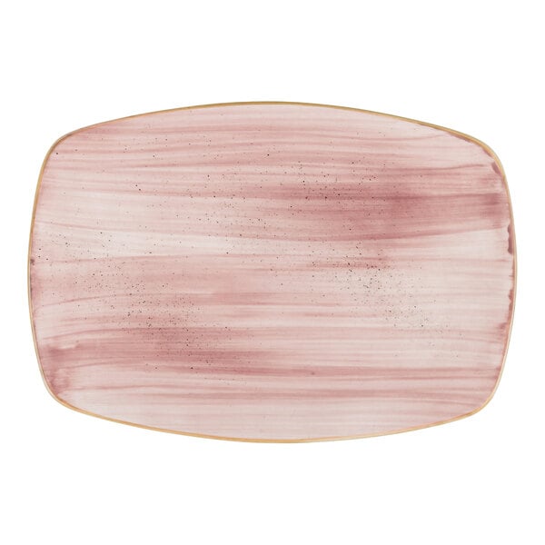 A rectangular pink porcelain platter with a brushed design and rounded edges.