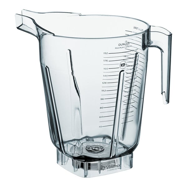A large clear plastic Vitamix container jar with measurement markings and a handle.