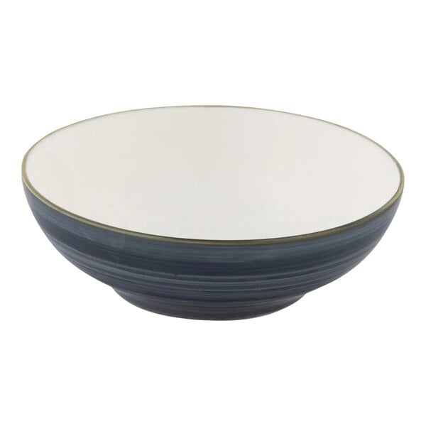 A round porcelain bowl with a slate gray exterior and white interior.