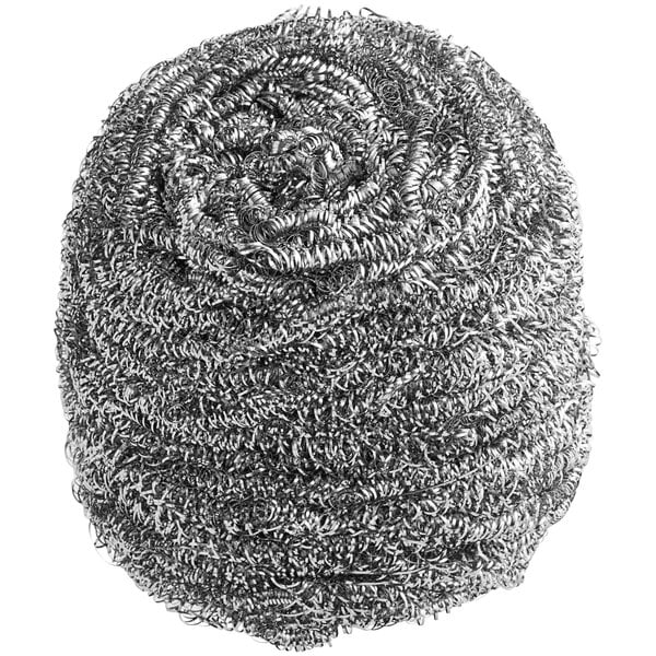 A tightly coiled, metallic scrubber made of stainless steel wire.