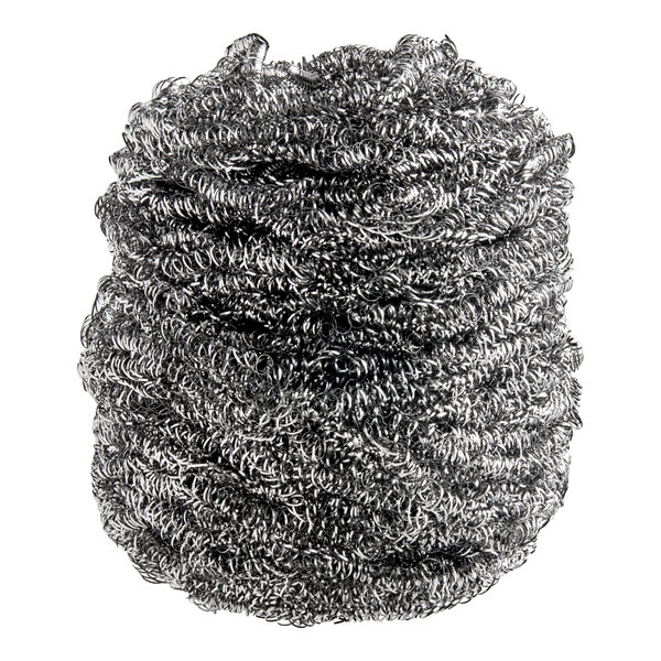 A tightly coiled, metallic scrubber with a shiny, silver appearance.