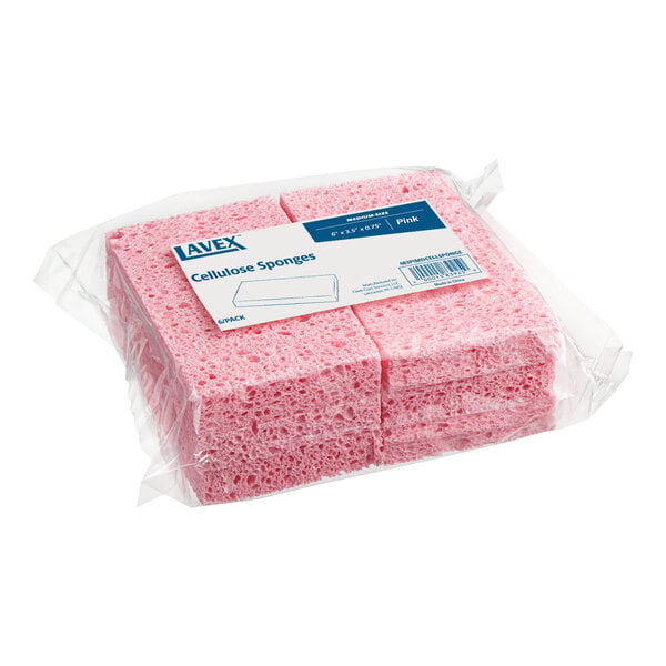 A package containing several pink rectangular cellulose sponges.