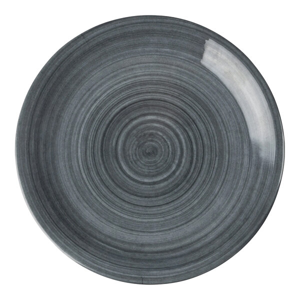 A round, gray melamine coupe plate with a subtle circular pattern.