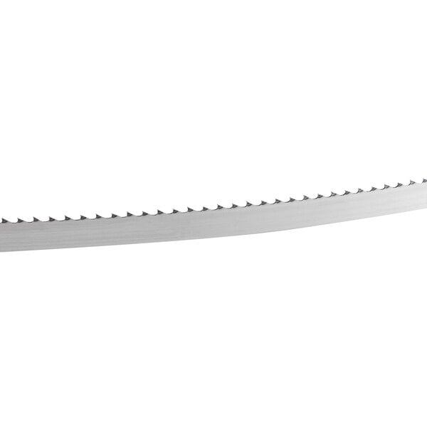 A steel band saw blade with sharp teeth designed for cutting frozen meat and general use.