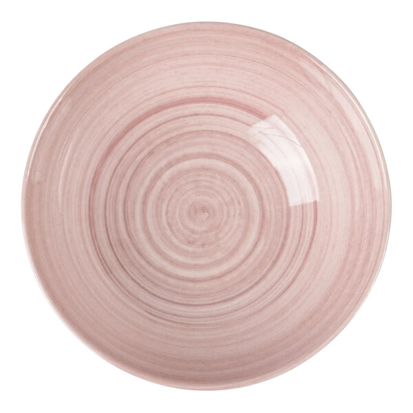 A pink melamine coupe bowl with a 15 oz capacity and a circular pattern.