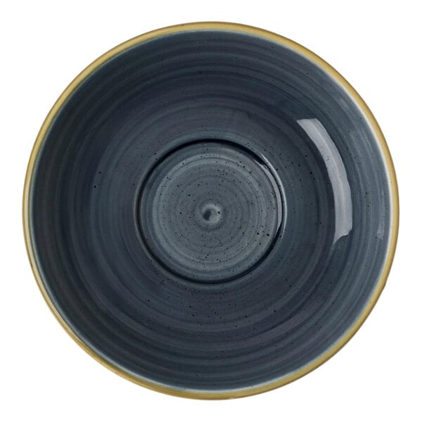 A round slate gray porcelain saucer with a subtle concentric pattern and a slightly raised rim.