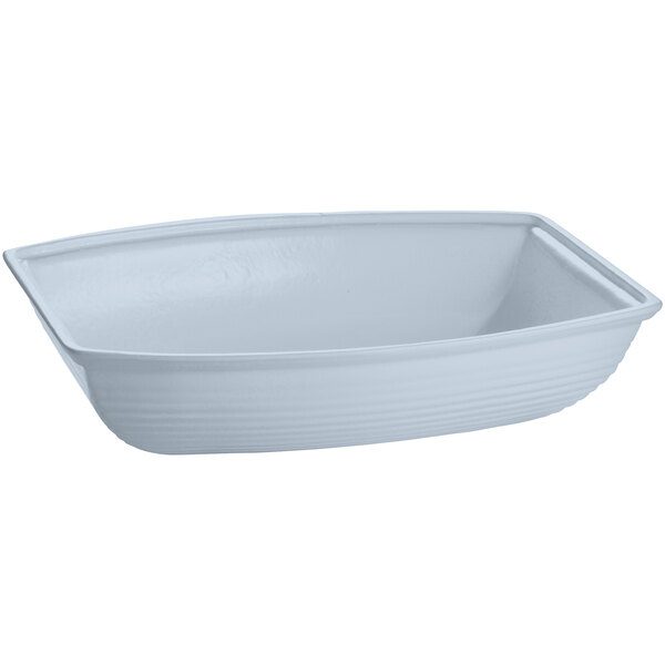 A gray oblong cast aluminum bowl with a curved edge.
