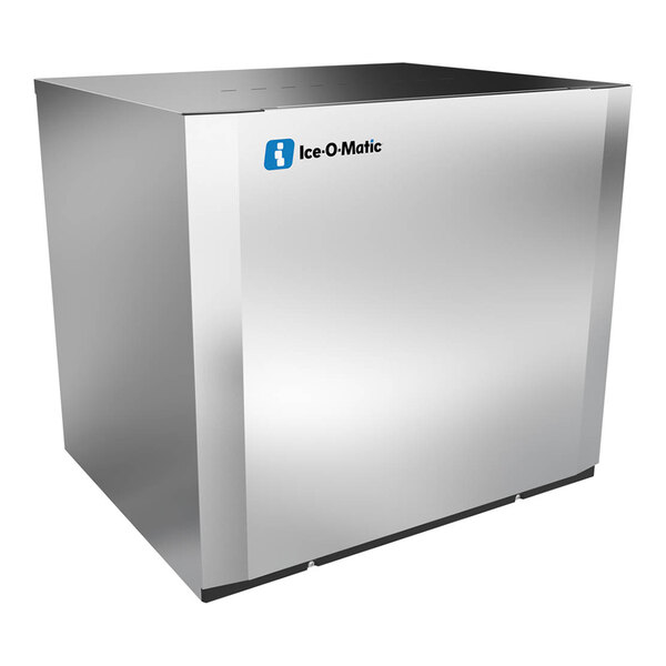 An Ice-O-Matic water-cooled half dice cube ice machine from the Elevation Series with a stainless steel exterior.