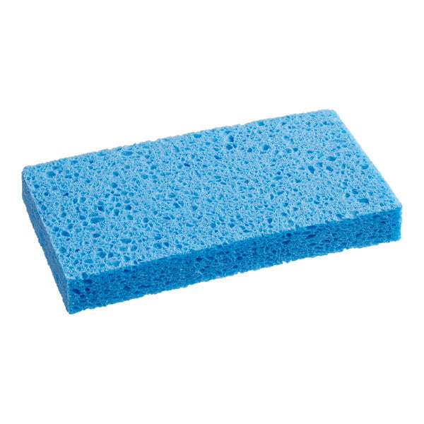 A rectangular blue sponge with a porous texture is shown against a white background.