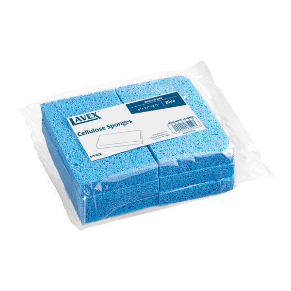 A package containing six blue rectangular cellulose sponges wrapped in clear plastic.