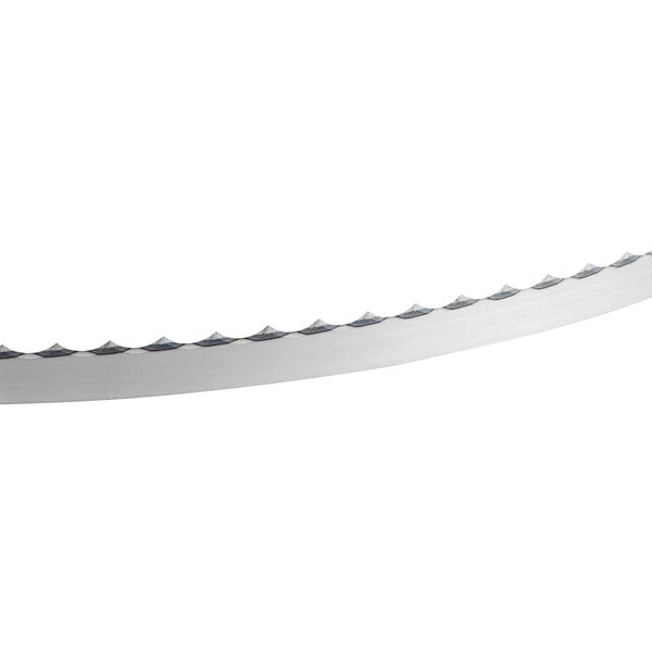 A steel band saw blade with a scalloped edge designed for cutting boneless meat.