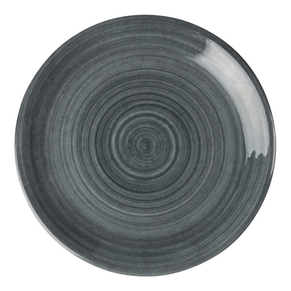 A round, gray melamine coupe plate with a subtle concentric circle pattern.