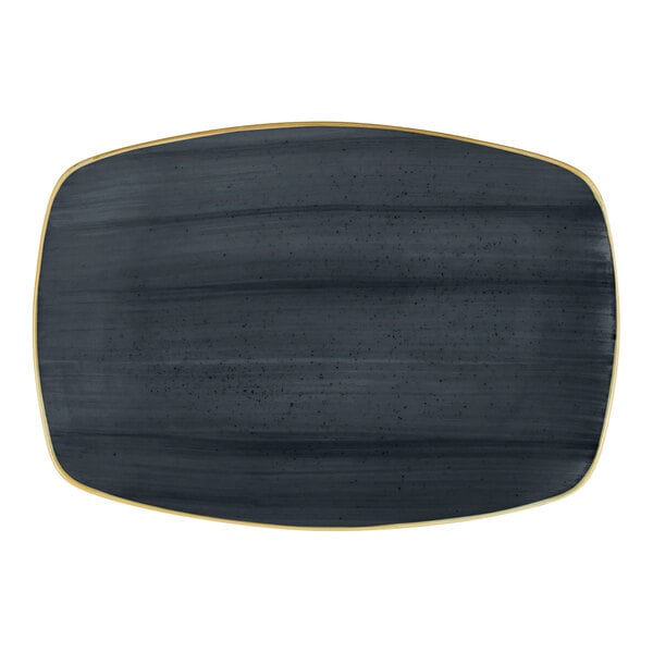 A rectangular slate gray porcelain platter with a subtle gold rim.