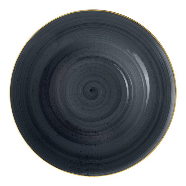 A round, slate gray rimmed deep coupe plate.