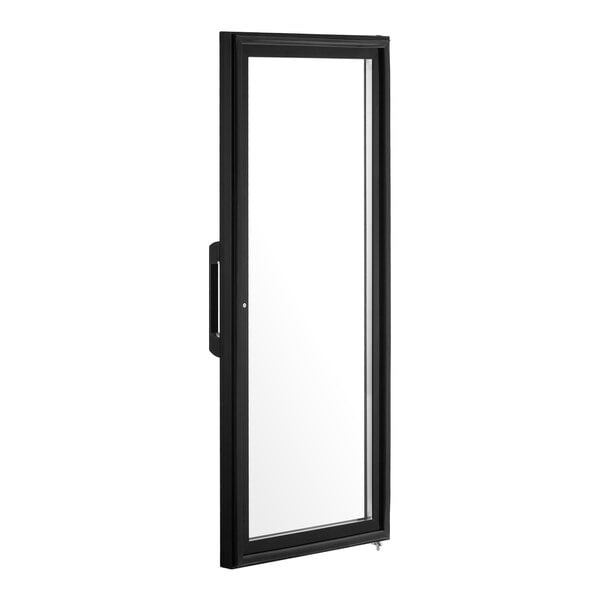 A tall, rectangular glass door with a black frame and a handle on the left side.