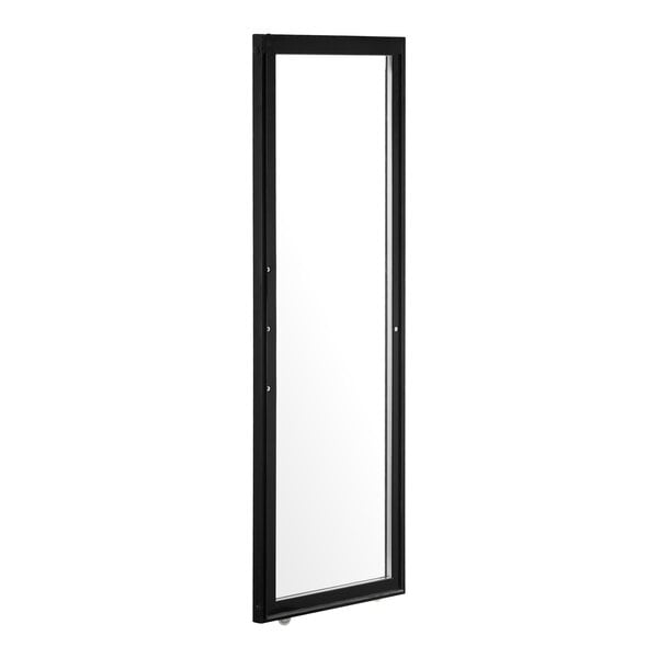 A tall, rectangular glass door with a black frame, shown standing upright against a white background.