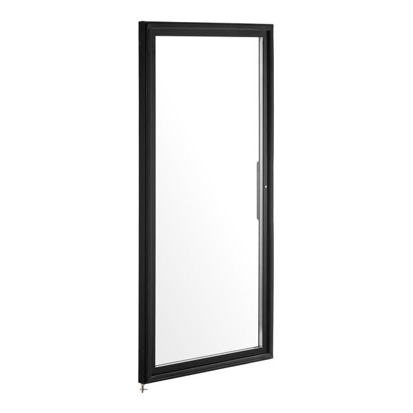 A rectangular glass door with a black frame, shown standing upright with a right-side handle.