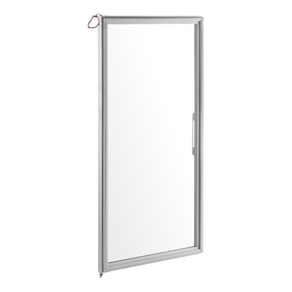 A rectangular glass door with a silver frame and a handle on the right side, shown standing upright.