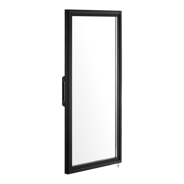 A rectangular, left-hinged glass door with a black frame and a handle on the left side.