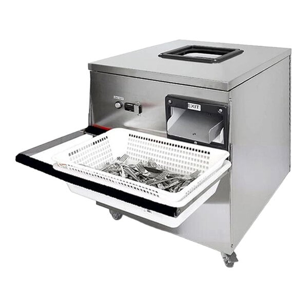 A stainless steel cutlery dryer and polisher machine with a white basket containing utensils.