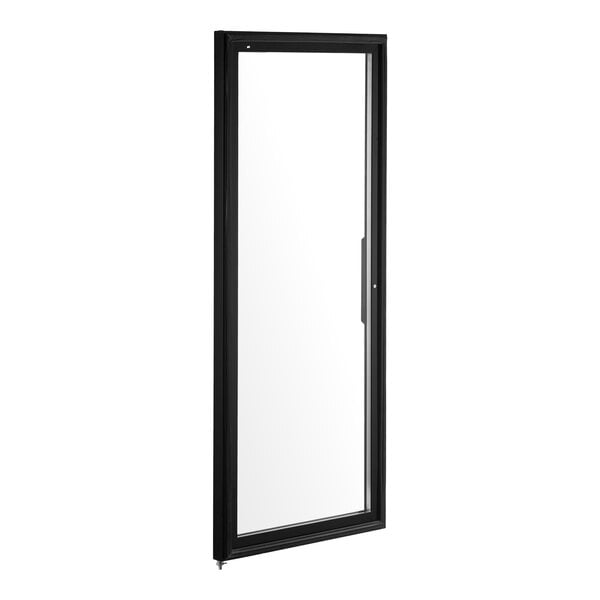 A black-framed, right-hinged glass door with a handle visible on the right side.