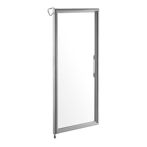 A right-hinged glass door with a metal frame and handle, shown standing upright against a white background.