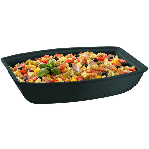 A Tablecraft black cast aluminum salad bowl with pasta, vegetables, and cheese.