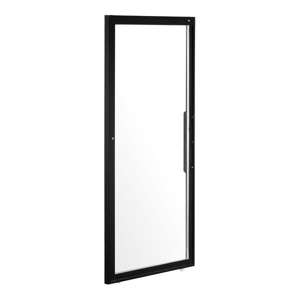A rectangular glass door with a black frame and a vertical handle on the right side.