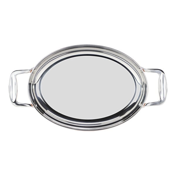 A stainless steel oval roasting pan with handles on each side.