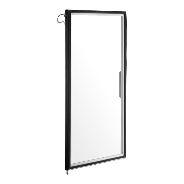 A rectangular glass door with a black frame, right-side handle, and visible wiring at the top left corner.
