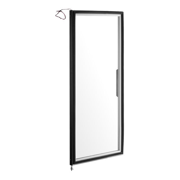 A rectangular glass door with a black frame, a handle on the right side, and a small wire protruding from the top left corner.