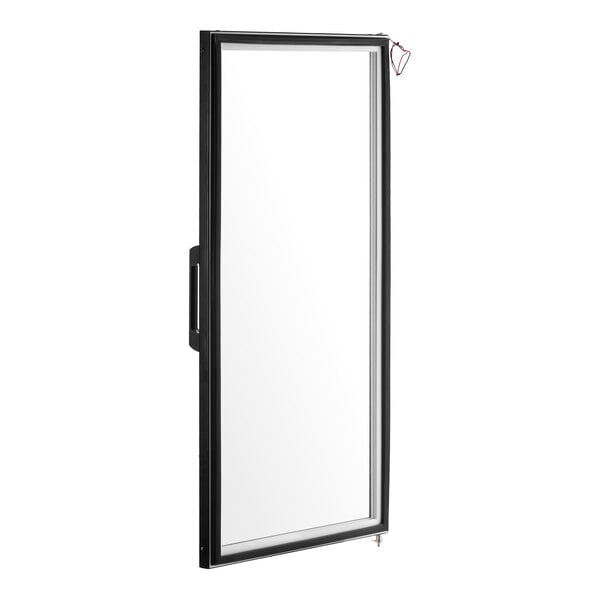 A rectangular glass door with a black frame, a handle on the left side, and a small metal latch at the bottom.