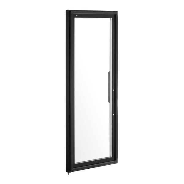 A full view of a right-hinged glass door with a black frame.