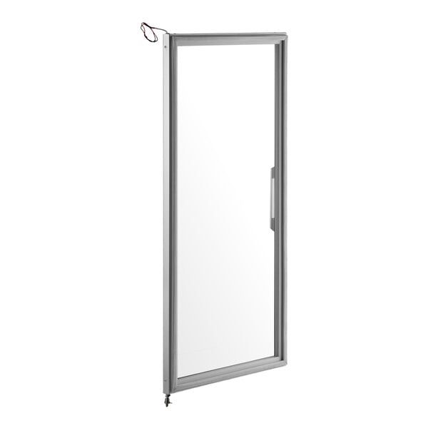 A rectangular glass door with a metal frame, a handle on the right side, and wiring visible at the top left corner.
