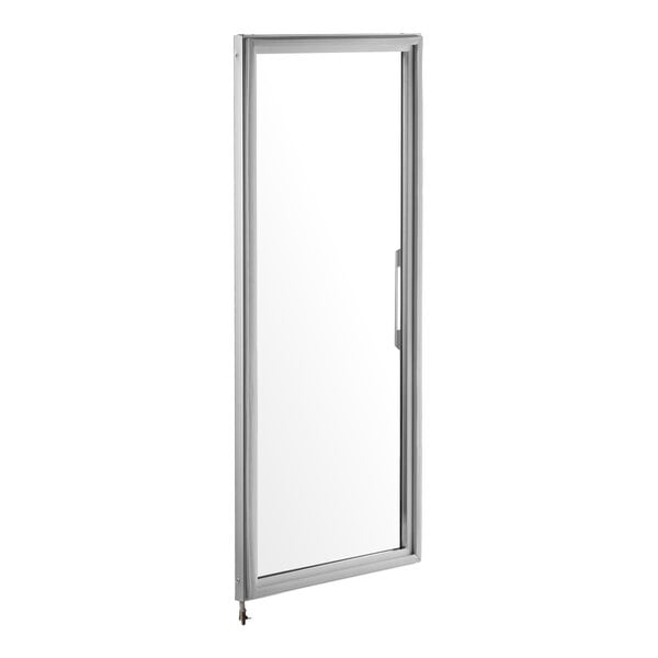 A rectangular glass door with a metal frame and a handle on the right side, designed to be right-hinged.