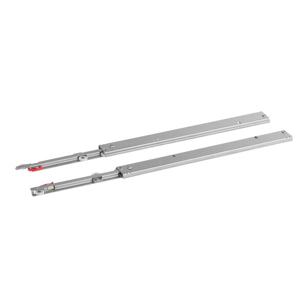 A two-piece left and right metal drawer slide set.