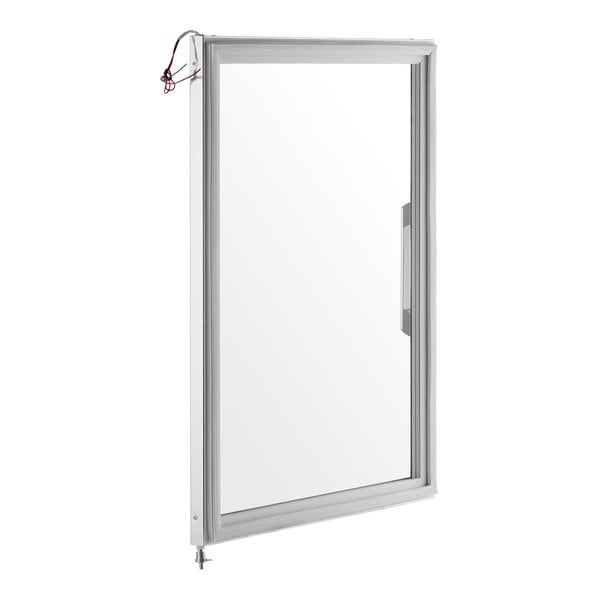 A rectangular glass door with a silver frame, a handle on the right side, and visible wiring at the top left corner.