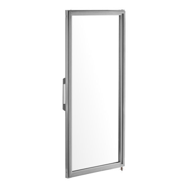 A rectangular glass door with a metal frame and a handle on the left side.