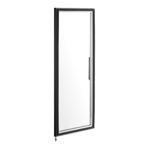 A rectangular glass door with a black frame and a handle on the right side, shown standing upright.
