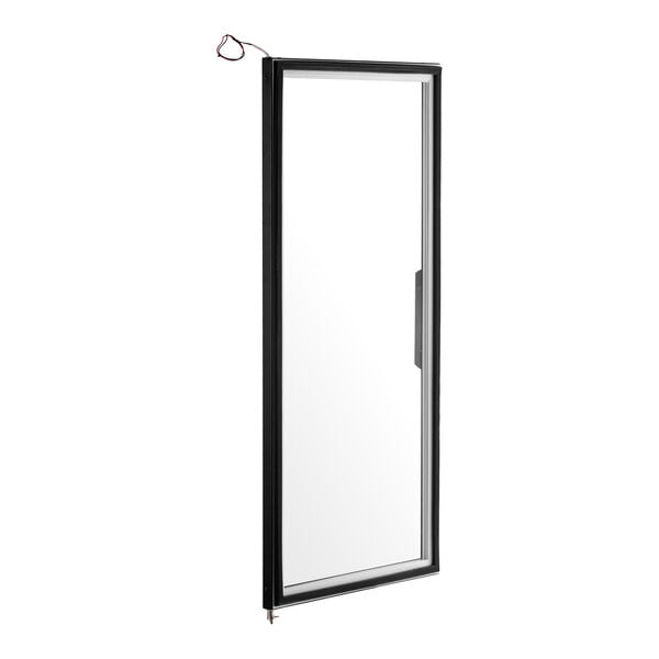 A rectangular, right-hinged glass door with a black frame and a handle on one side, shown standing upright against a white background.
