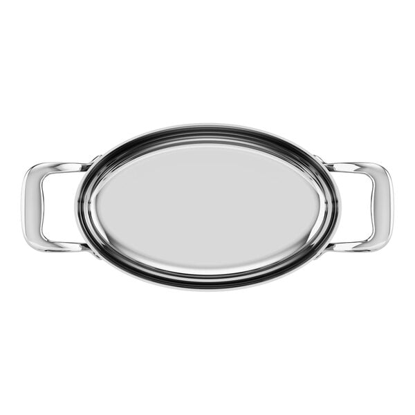A stainless steel oval roasting pan with handles on both sides.