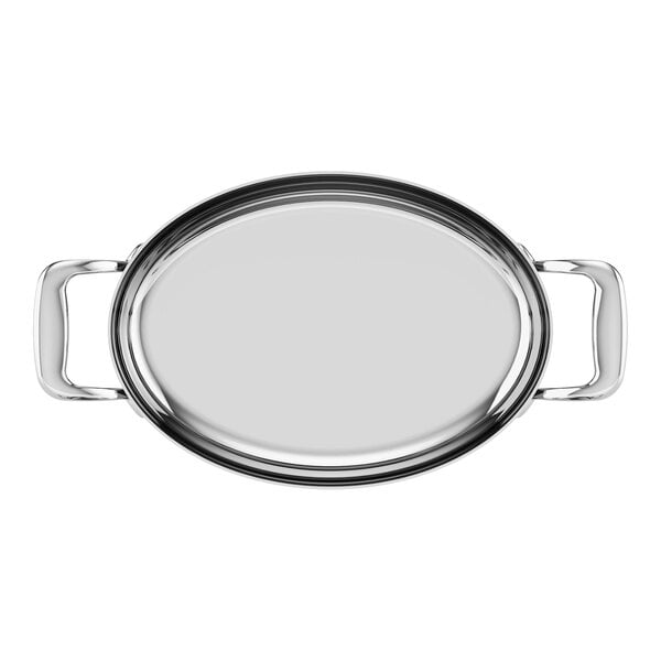 An oval stainless steel roasting pan with handles on both sides.