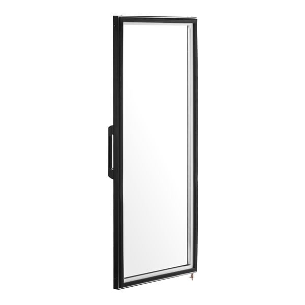 A rectangular glass door with a black frame and a handle on the left side.