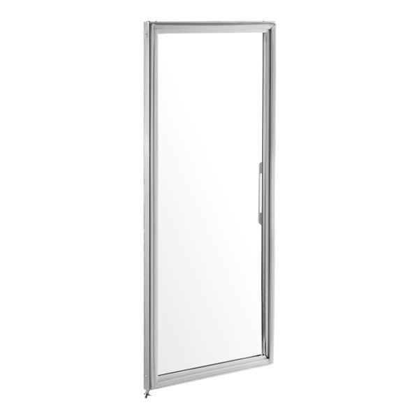 A full view of a right-hinged glass door with a metal frame and handle.