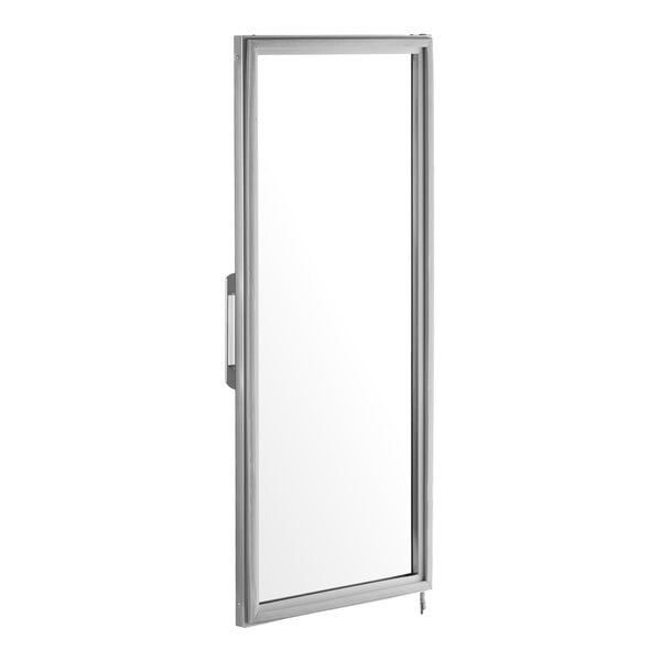 A rectangular glass door with a metal frame and a handle on the left side, shown standing upright.