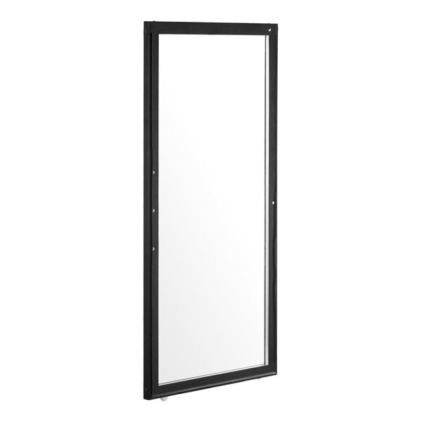 A rectangular glass door with a black frame and right-side hinges, shown against a white background.